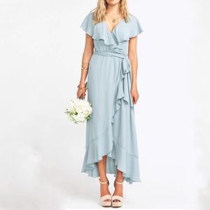 Show Me Your Mumu Sage Jess wrap bridesmaid midi high low hem ruffle. Sz med